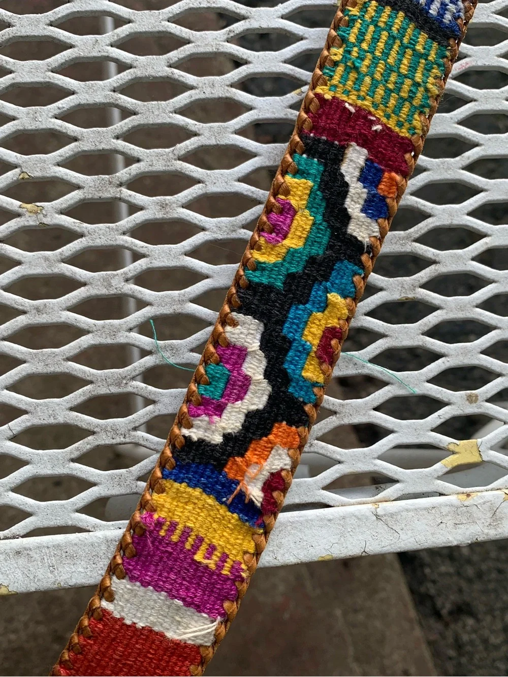 Vintage Guatemala Needlepoint Belt Multicolor Boho Size 30 Leather Cotton